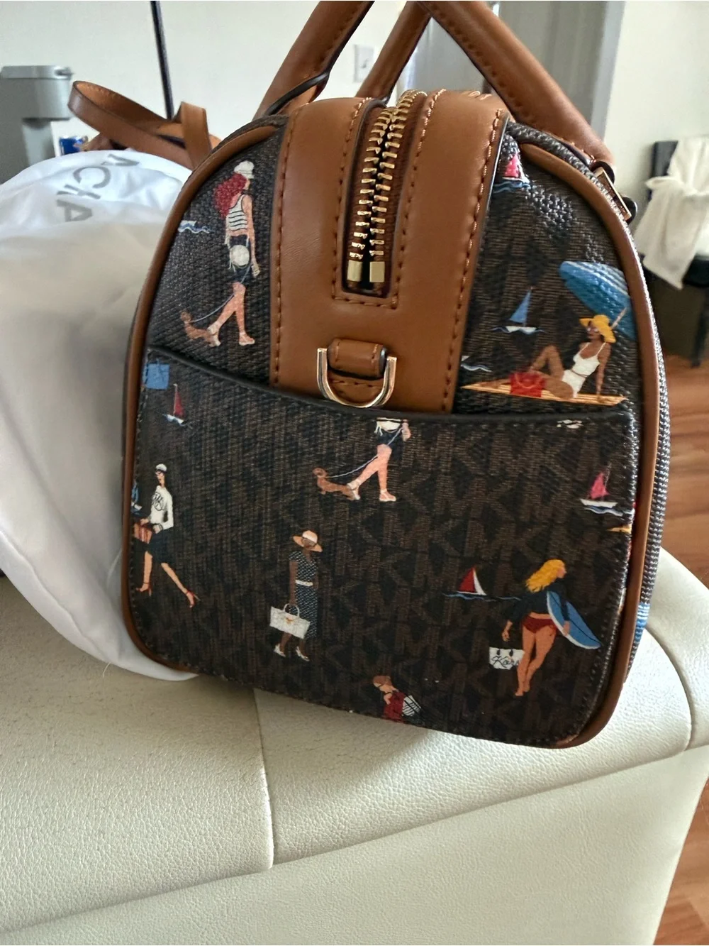 Michael Kors Brown Monogram Duffel with Beach-Print